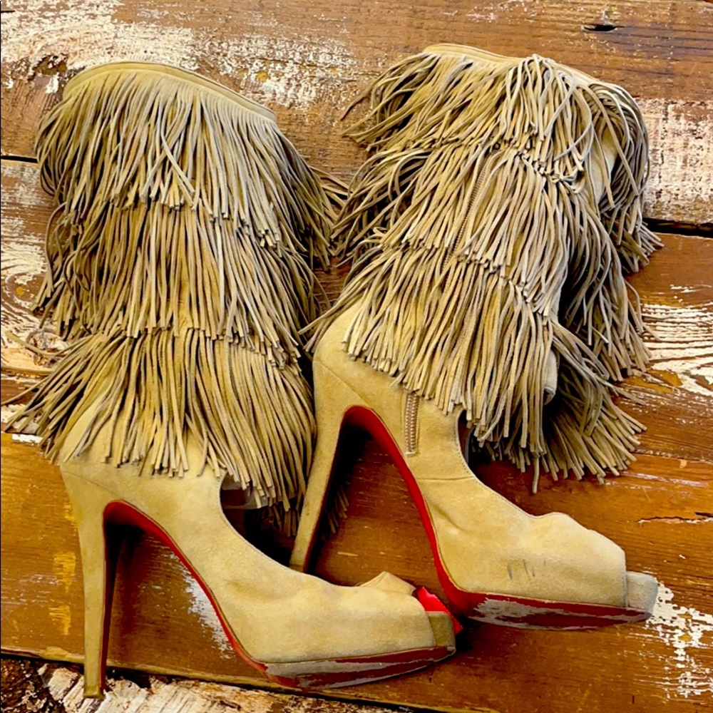 Louboutin tan suede fringe booties AS IS